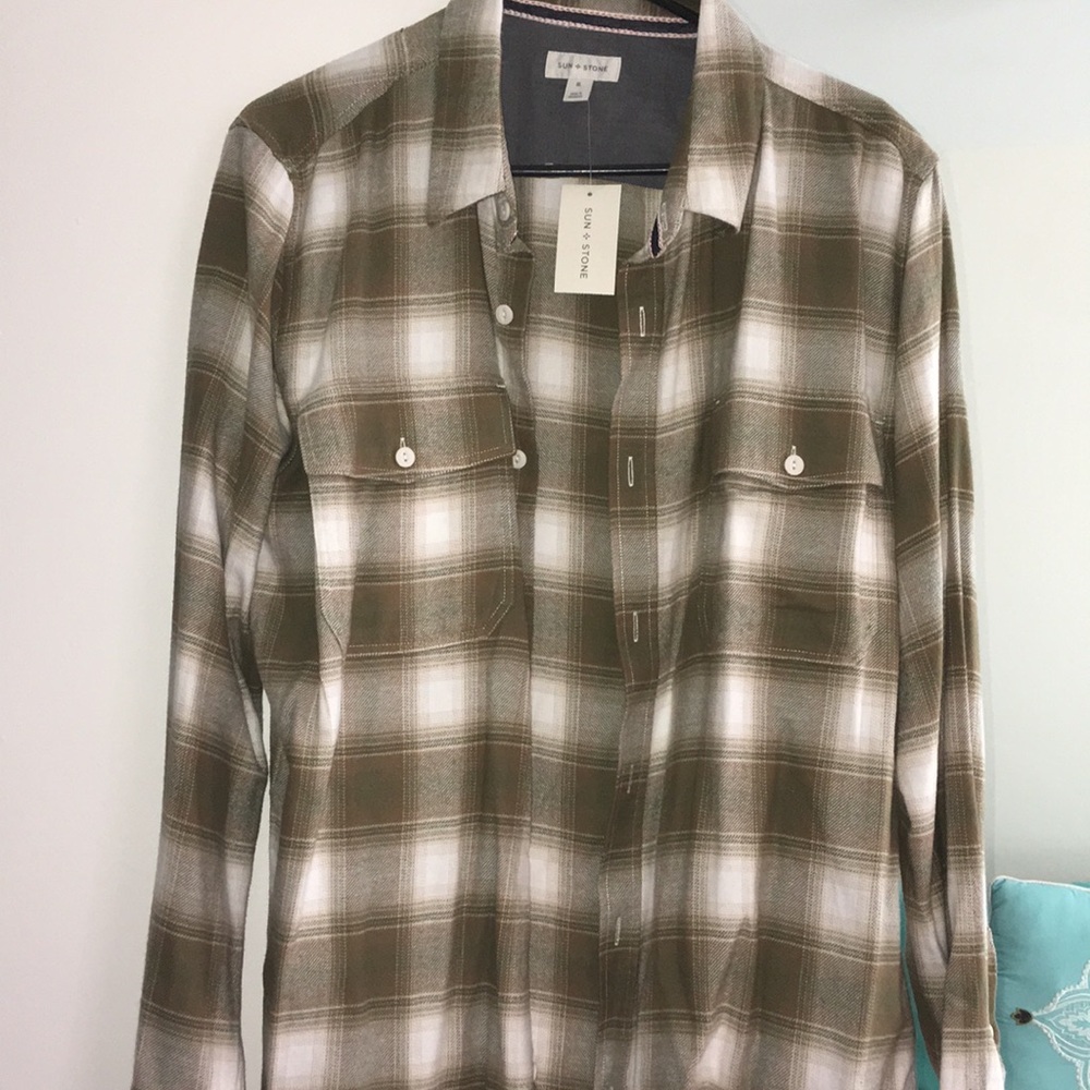 Sun + Stone Green and White Casual Button Down Shirt
